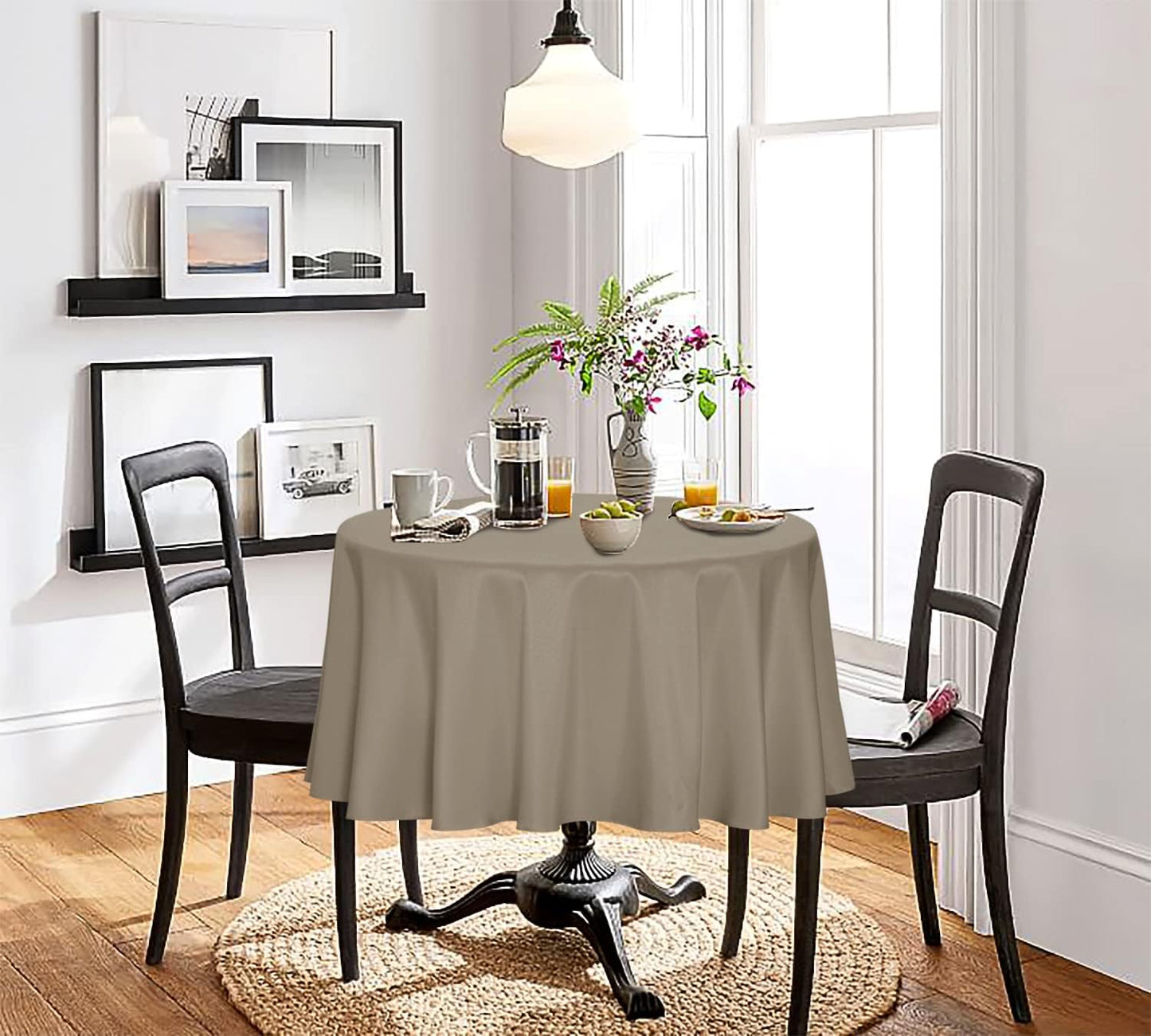 sancua Round Tablecloth - 90 Inch - Water Resistant Spill Proof Washable Polyester Table Cloth Decorative Fabric Table Cover for Dining Tables, Buffet Parties and Camping, Taupe