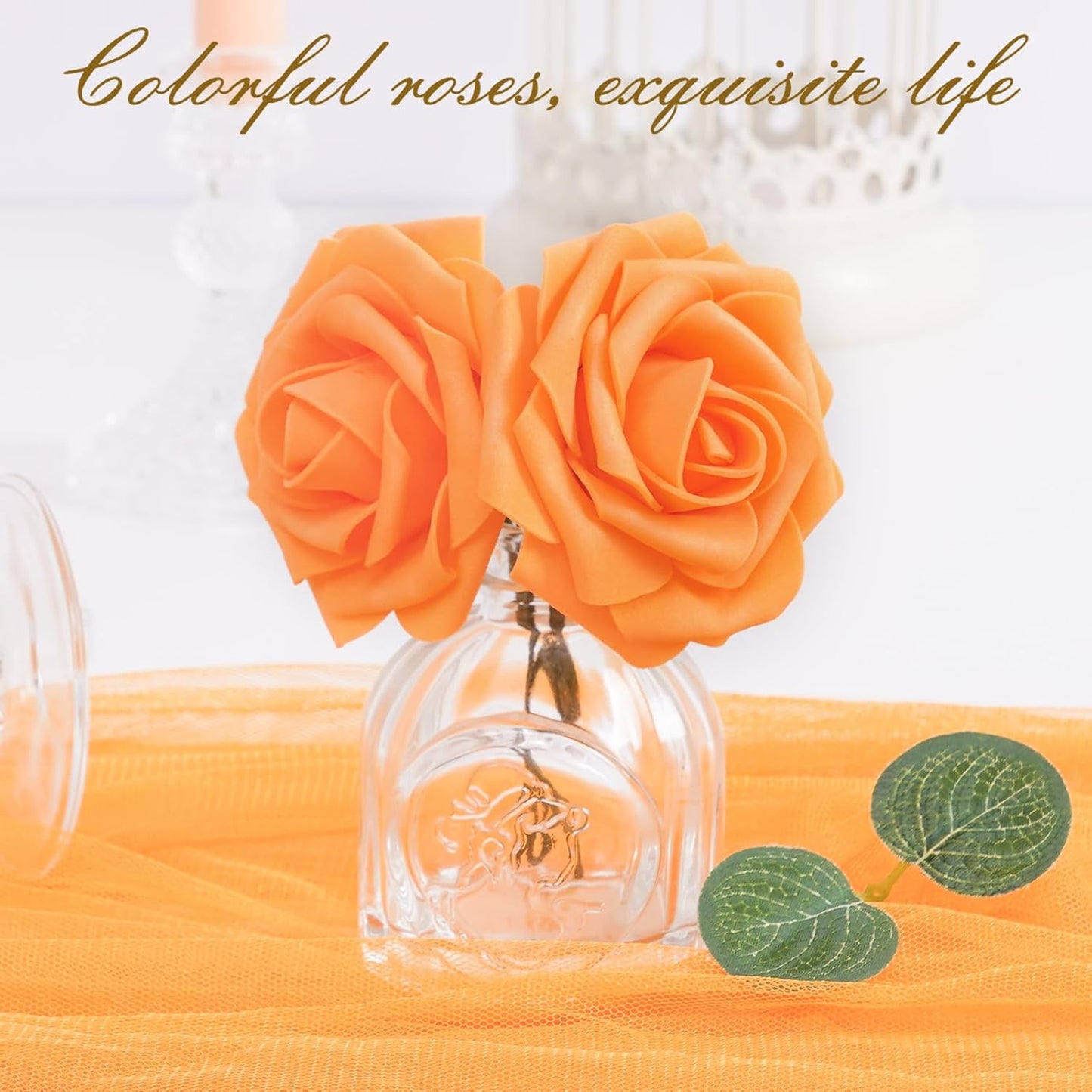 BLEUM CADE 16Pcs Artificial Flowers Fake Roses with Stems, Orange Boxed Foam Roses for DIY Bouquets Centerpieces Wedding Party Arrangement Bridal Shower Decor