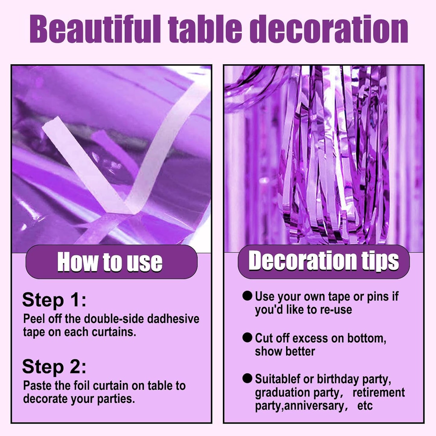 3 Pack 29 x108 Inch Light Purple Foil Fringe Table Skirts Metallic Banner for Tinsel Streamer Garland Backdrop for Parade Floats Wedding Thanksgiving Birthday Christmas New Year Party Decoration