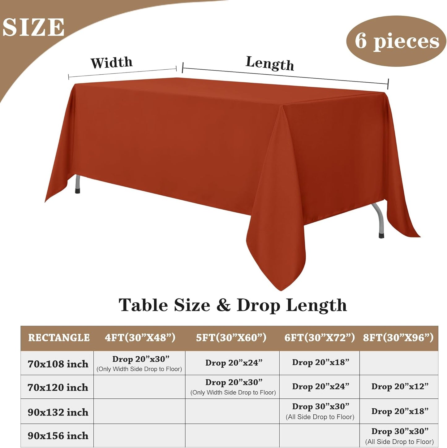 Fitable Rust Rectangle Tablecloths for 6 Foot Tables, 6 Pack - 70 x 108 Inches - Stain Resistant and Washable Fall Table Clothes, Polyester Fabric Table Covers for Wedding, Party, Banquet, Buffect
