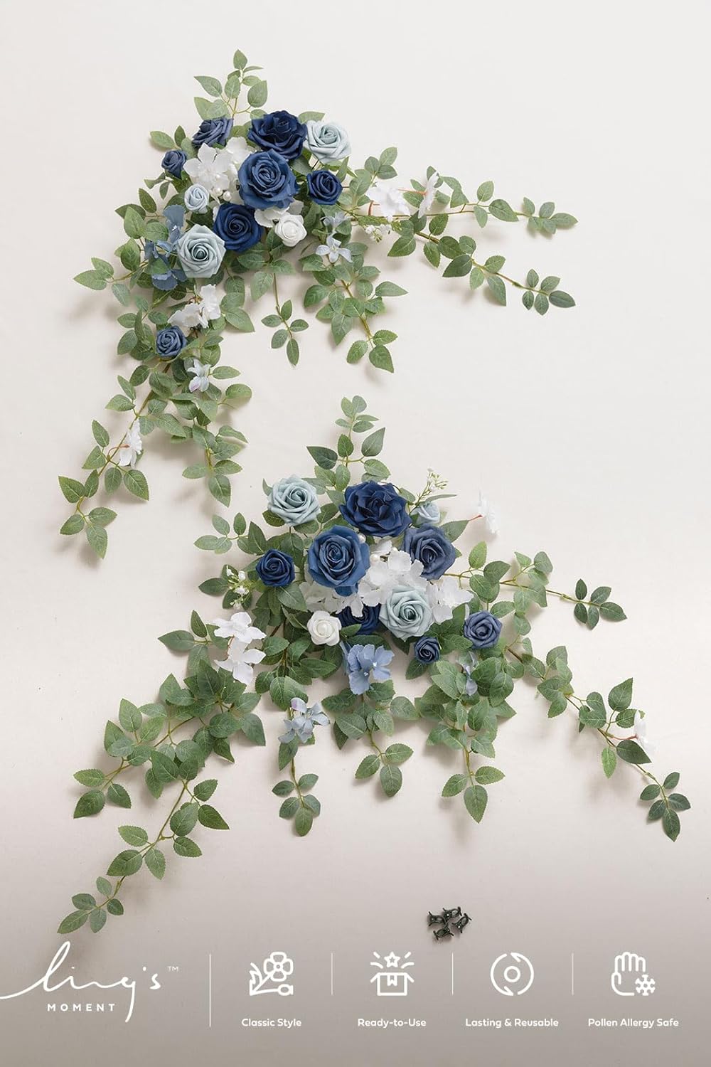 Ling's moment 2pcs Wedding Flowers Garland Artificial Floral Swag Arch Decorations Rose Greenery Arrangements Dusty Blue & Navy Ceremony Reception Garden Easel Wall Entryway Outdoor (NOT Include Sign