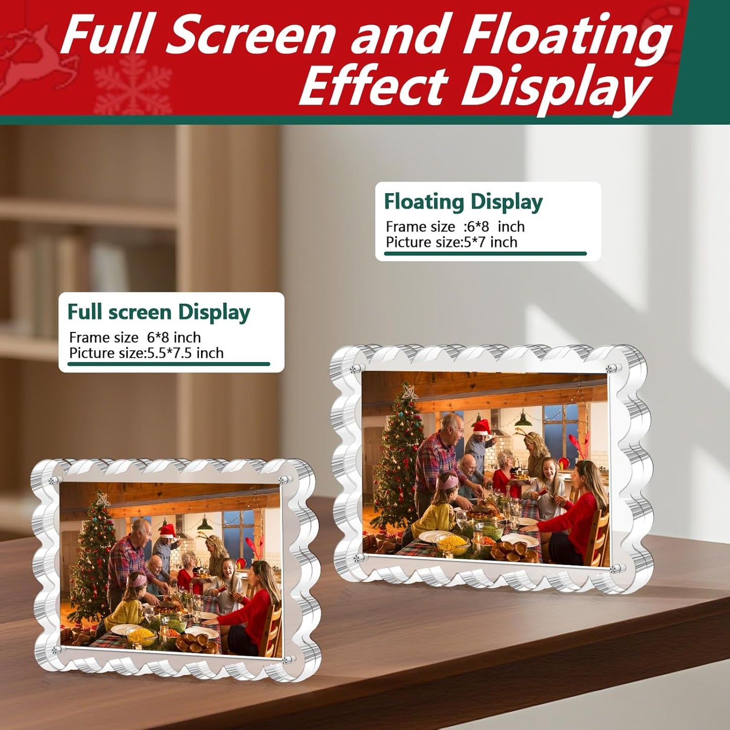 3 Pack Magnetic Acrylic Picture Frames 5x7 Inch - Freestanding Scalloped Magnet Photo Frame with 10+10MM Thick Block, Double Sided Clear Frameless Frame for Desktop Display