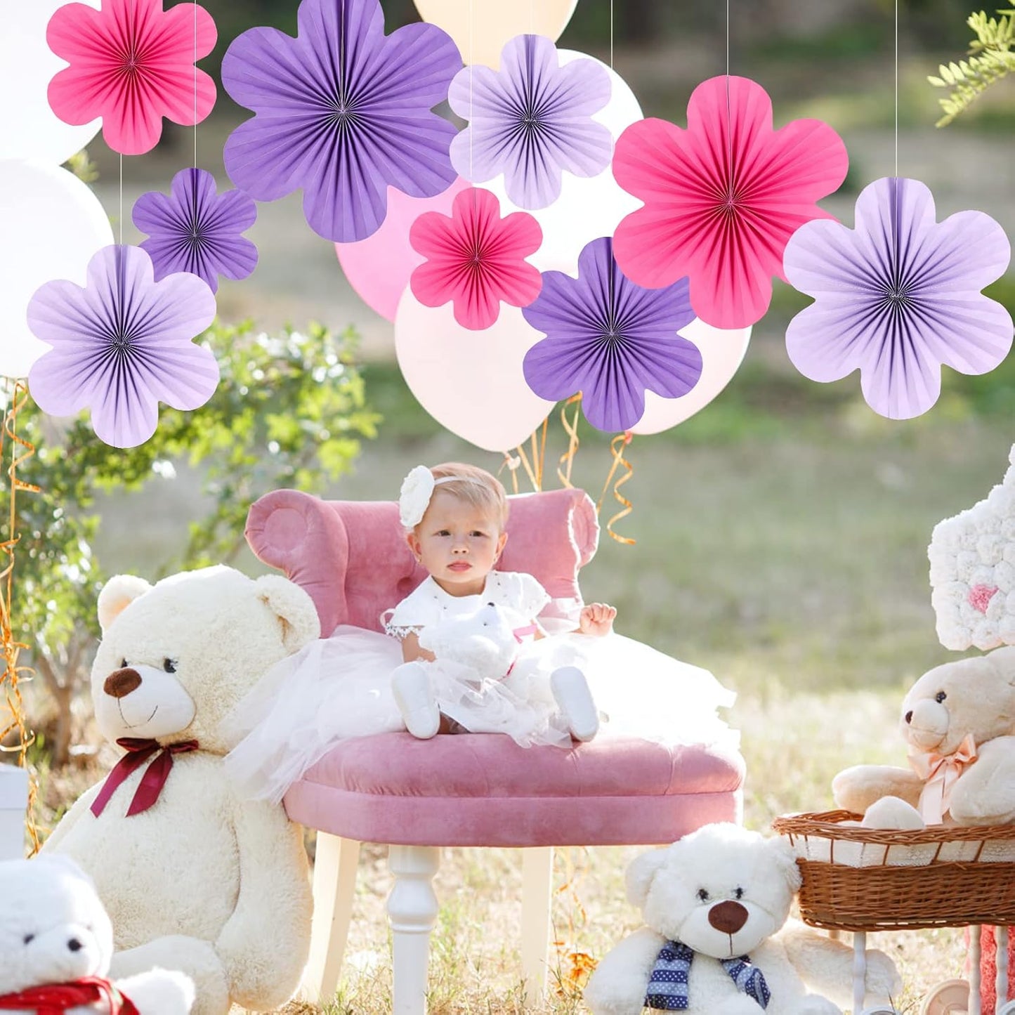 SUNBEAUTY Flower Party Decorations Paper Fans Classroom Decoration Paper Floral Backdrop Decor Paper Fans Decoration Hanging Paper Fans Purple Flower Wall Decor,Set of 9
