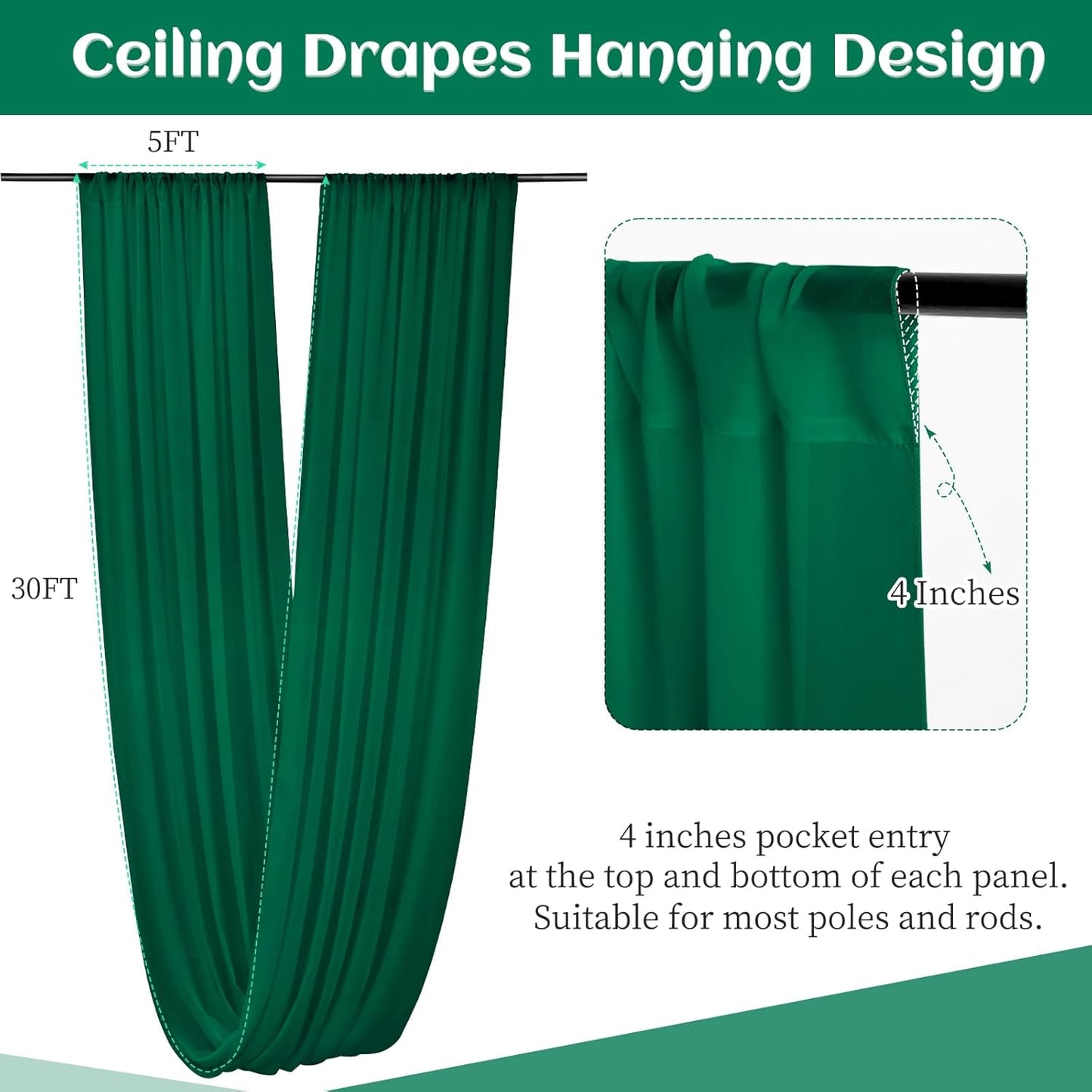 6 Panels Emerald Green Wedding Ceiling Drapes 5ftx30ft Ceiling Drapes Chiffon Fabric Arch Draping Sheer Curtains Soft Drapery Draping Wedding Ceiling Decorations for Party Ceremony Stage Swag