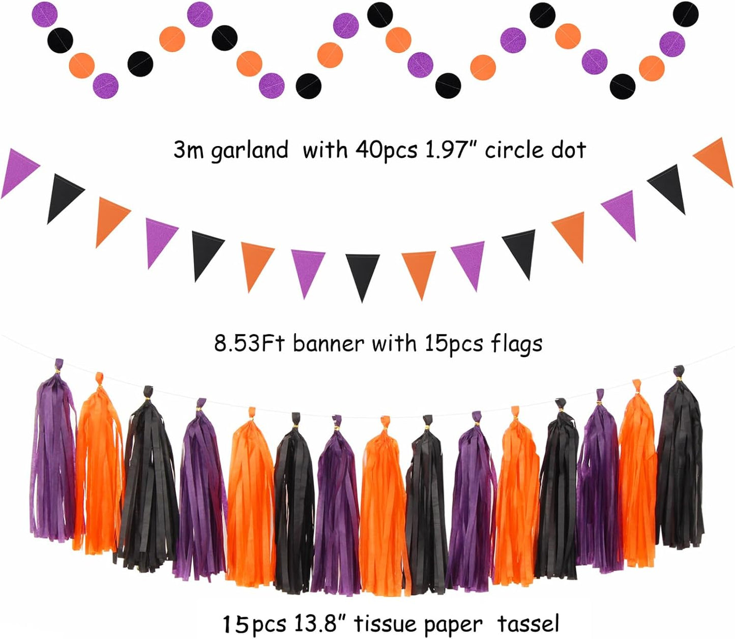 Orange Black Purple Halloween Party-Decorations - 33Pcs Banner,Streamers Tassel Garland,Tissue Pom Poms Honeycomb,Paper Lantern Fan,Birthday Wedding Baby Bridal Shower Decor Hugtmr
