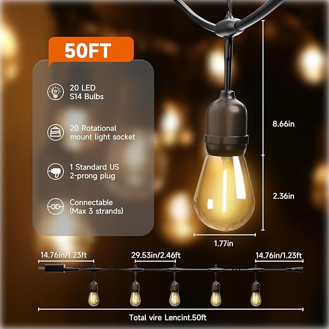 Outdoor Safety String Lights 50FT - Commercial Grade Low Voltage Strand with 20 S14 Shatterproof Bulbs for Tree Garden Yard bistro Cafe | Warm Yellow 3500K Party Lights | IP65 Waterproof | UL Listed