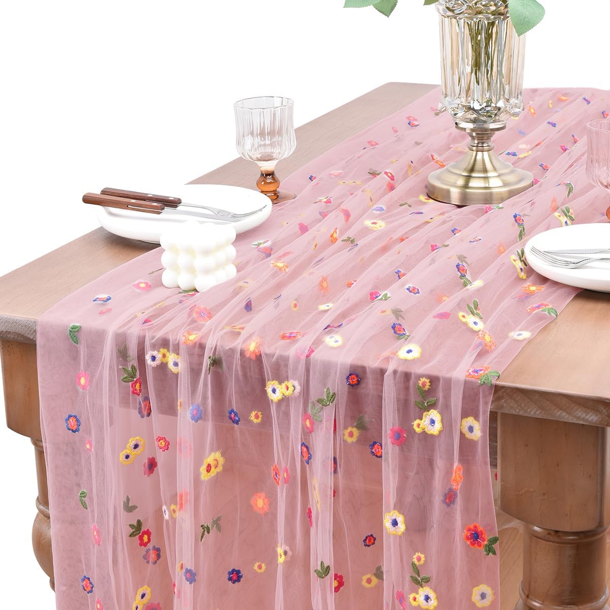 Joanlody 3pcs Blushing Pink Embroidery Daisy Fall Thanksgiving Table Runner Florals Seasonal Tulle Table Runner Holiday Kitchen Dining Table Decoration for Home Party Indoor