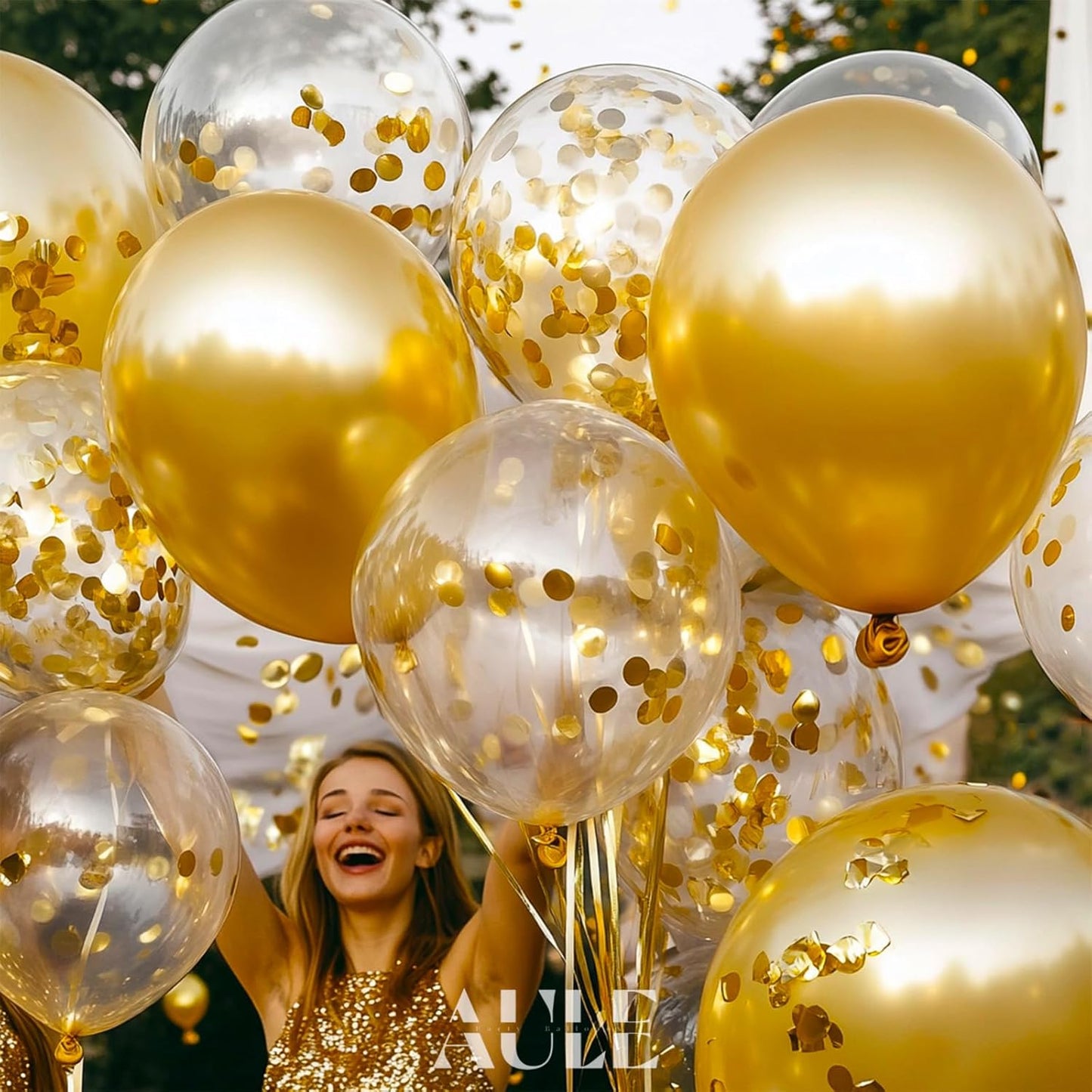 AULE Party Balloons Pack of 42 - Metallic Gold Balloons & Gold Confetti Balloons and 64ft Ribbons - 12 Inch Balloons Decorations Set