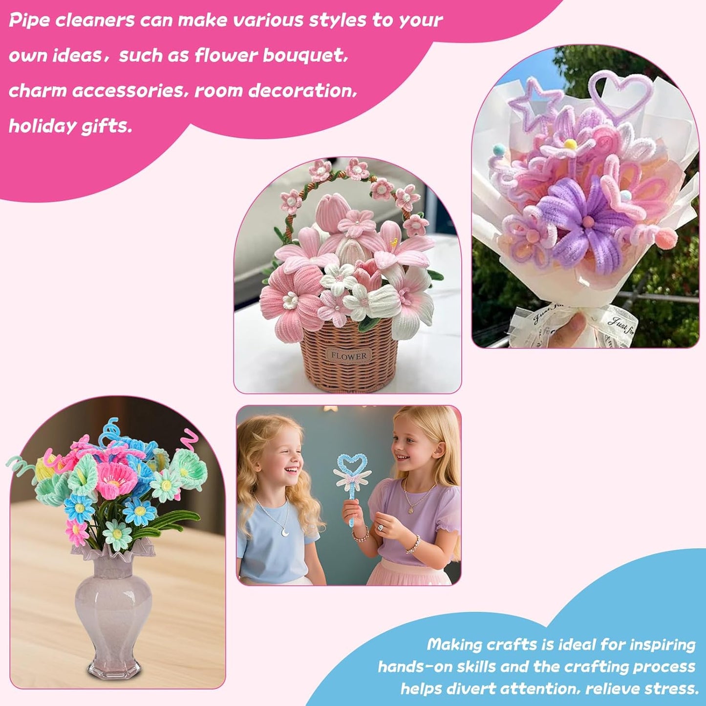 5 Mixed Macaron Colors Chenille Stems Bulk,400 Pcs Pipe Cleaners Craft with Floral Wires, Gardening Tape,Greeting Card,Bouquet Paper,Hot Glue Stick,Stamen & Ribbon,Ideals for DIY School Projects