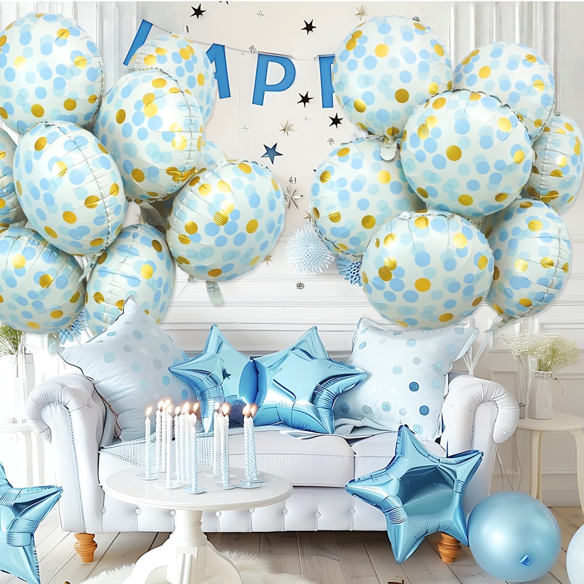 10 Pcs Blue Polka Dot Foil Balloons, 18" Foil Round Balloons with Blue Gold Dots, Helium-Friendly Circle Dot Balloons for Birthday Decor, Baby Showers, Gender Reveal, Holiday Festival Celebrations