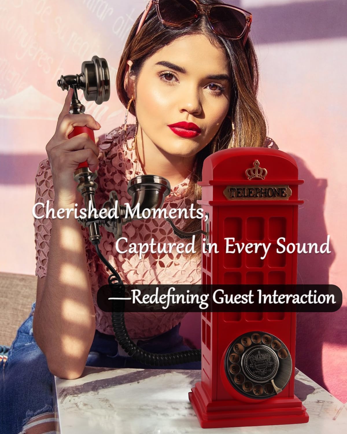 Audio Guest Book Wedding Phone with Vintage Phone Booth Design, Record Customized Audio Message Guest Book for Wedding, Party and Gathering, Red