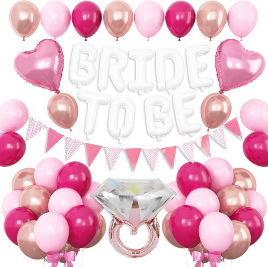 Pink White Bachelorette Party Decorations, White Bride To Be Bridal Shower Balloons Decorations, Hot Pink Rose Gold Balloons with Diamond Ring Cream Heart Balloons for Bachelorette Engagement Wedding