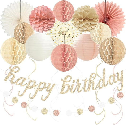 Boho Pink Happy Birthday Decorations, Pre-Strung Happy Birthday Banner with Honeycomb Balls, Paper Flowers, Lanterns, Fans, Hanging Swirls, Circle Dots Garland for Birthdays Party Decorations 24pcs