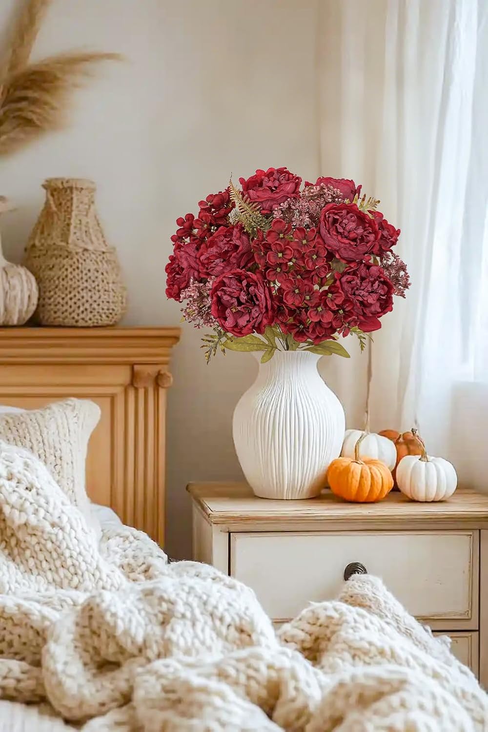 Hollyone 2 Bundles Artificial Fall Flowers Bouquet 18.8" Red Peony Hydrangea Fake Fall Floral Silk Flowers Autumn Faux Flower Arrangement for Home Wedding Table Centerpieces Thanksgiving Party Decor
