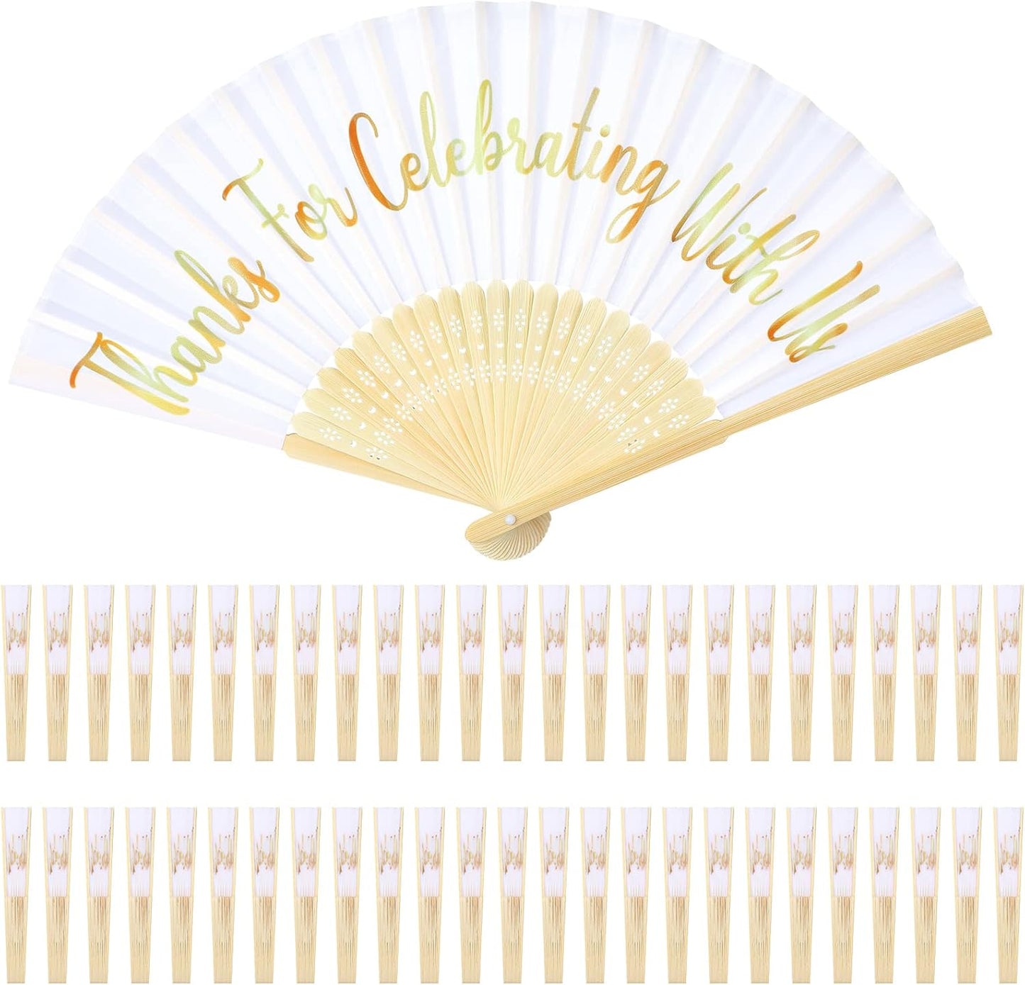 Jetec 50 Pcs Wedding Fans for Guests Bulk Silk Hand Fans Handheld Folded Thank You for Celebrating with Us Wedding Favors for Bridal Bridesmaid Baby Shower Dancing Party Church Gift(White)