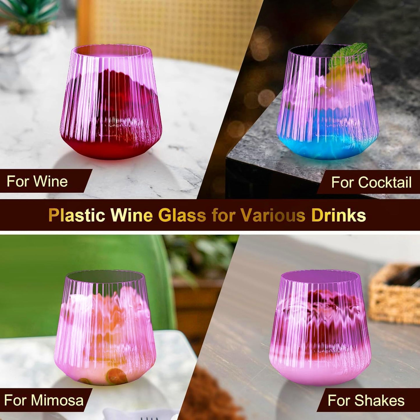 40 Pack Plastic Ribbed Wine Glasses, 14Oz Origami Disposable Wine Glasses Unbreakable Clear Plastic Cocktail Glasses Recyclable Shatterproof Reusable Wine Cups (14oz-purple-40pack)