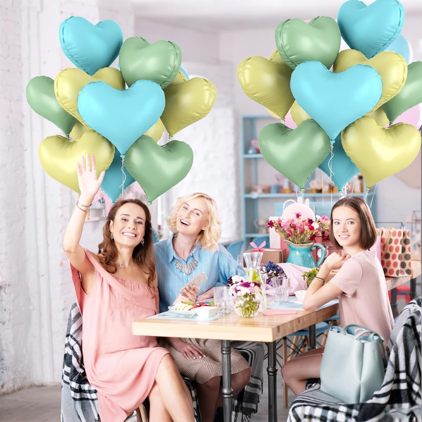 20 Inch Blue Yellow Green Heart Balloons, 10 Pcs Light Blue Yellow Sage Green Heart Shaped Foil Balloons, Helium Balloon for Valentine Bridal Shower Wedding Birthday Supplies