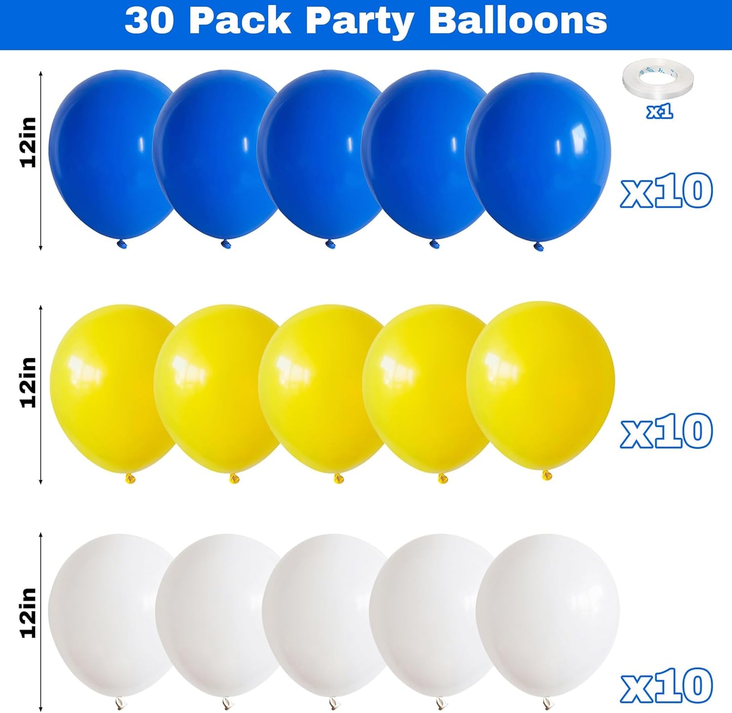 Blue and Yellow Balloons, 12Inch Royal Blue Yellow White Party Balloons Set Graduation Latex Helium Balloon Kit for Boys Birthday Baby Shower Wedding Engagement 2025 Grad Party Decorations