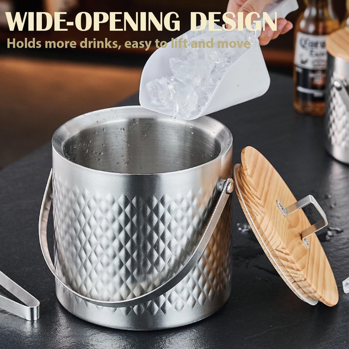 Stainless Steel Hammered Insulated Ice Bucket with Wooden Lid and Ice Tongs Holds 3L of Ice Keep Ice Colder Bar Cart Accessories Champagne Bucket for Party 3L
