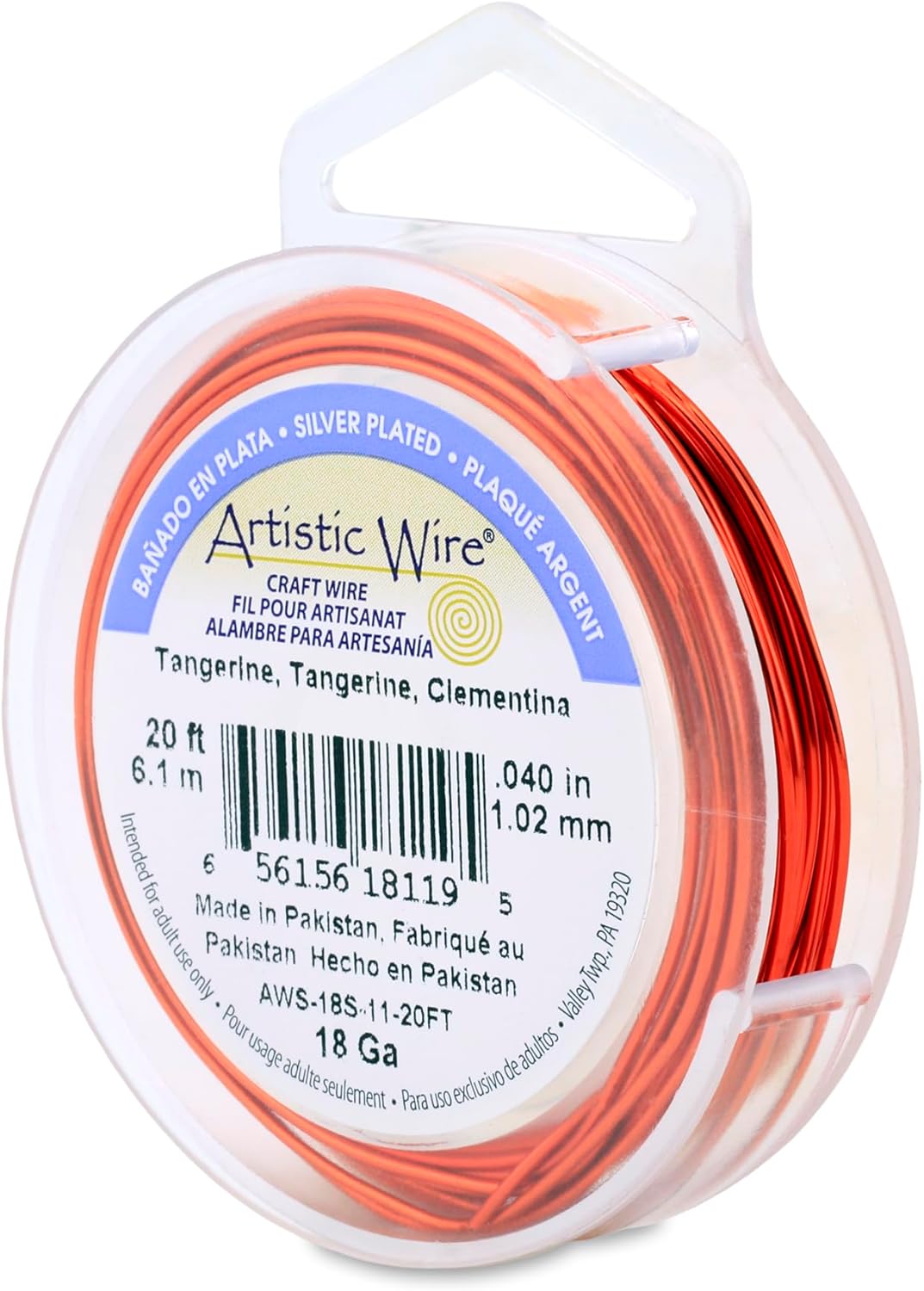 Artistic Wire, 18 Gauge Silver Plated Tarnish Resistant Colored Copper Craft Wire, Tangerine, 20 ft