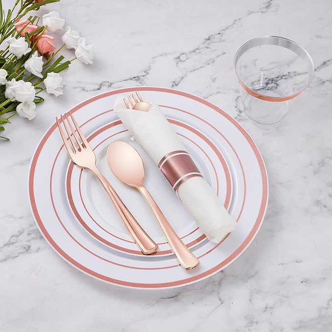 Goodluck 50 Pack Pre Rolled Rose Gold Plastic Silverware, Wrapped Plastic Cutlery Set with Napkin Include 50 Forks, 50 Knives, 50 Spoons and 50 Napkins, Fancy Disposable Silverware for Party, Wedding