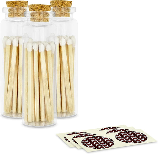 2" Classic White Tip Safety Matches | 3 Glass Bottles Each with Cork Top, Striker & 20 Matchsticks by Thankful Greetings (60+ Total) | Decorative & Unique for Home Decor, Event Giveaways