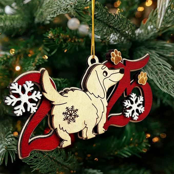 Longhaired Dachshund 2025 Christmas Ornament – Cute Wooden Dog Tree Decoration with Snowflakes & Paw Prints for Dachshund Lovers, Pet Owner Christmas Décor