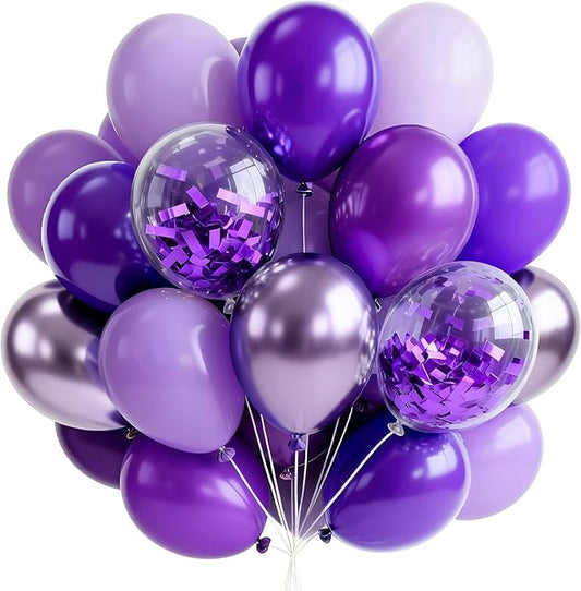 PartyWoo Purple Balloons 65pcs 12 Inch Light Pastel Dark Metallic Purple Lilac Lavender Confetti Balloons for Graduation Baby Shower Birthday Wedding Anniversary Butterfly Princess Party Decorations