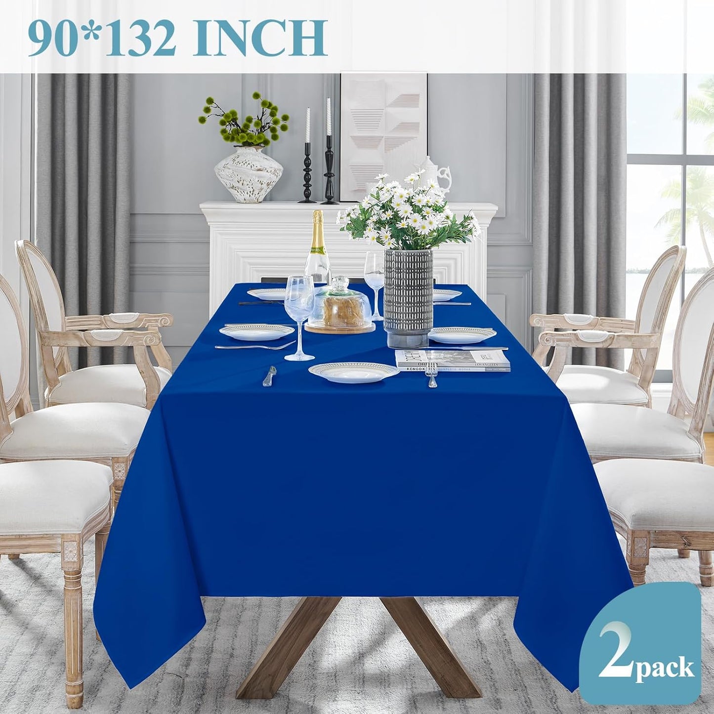 VidaFete Tablecloth 2 Pack 90*132inch Rectangle Table Cloth Polyester, Stain Wrinkle Resistant Polyester Dining Table Cover for Kitchen Dinning Party Wedding Rectangular Buffet Decoration(Royal Blue)