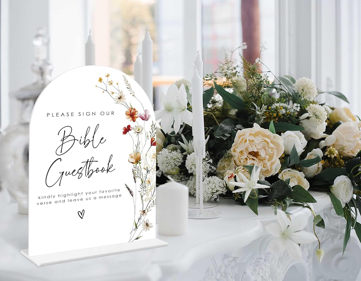 Boho Floral Bible Guest Book Sign, 6 x 8 Inch White Arch Acrylic Wedding Sign with Holder, Wedding Sign for Ceremony and Reception, Wedding Decoration, Wedding Supplies - BX28