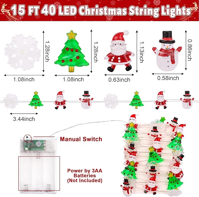 15FT 40 LED Christmas String Lights Battery Operated Snowflake Christmas Tree Santa Snowman Fairy Lights, Xmas Christmas Lights Indoor for Christmas Tree Decorations Home Table Holiday Decor Gifts
