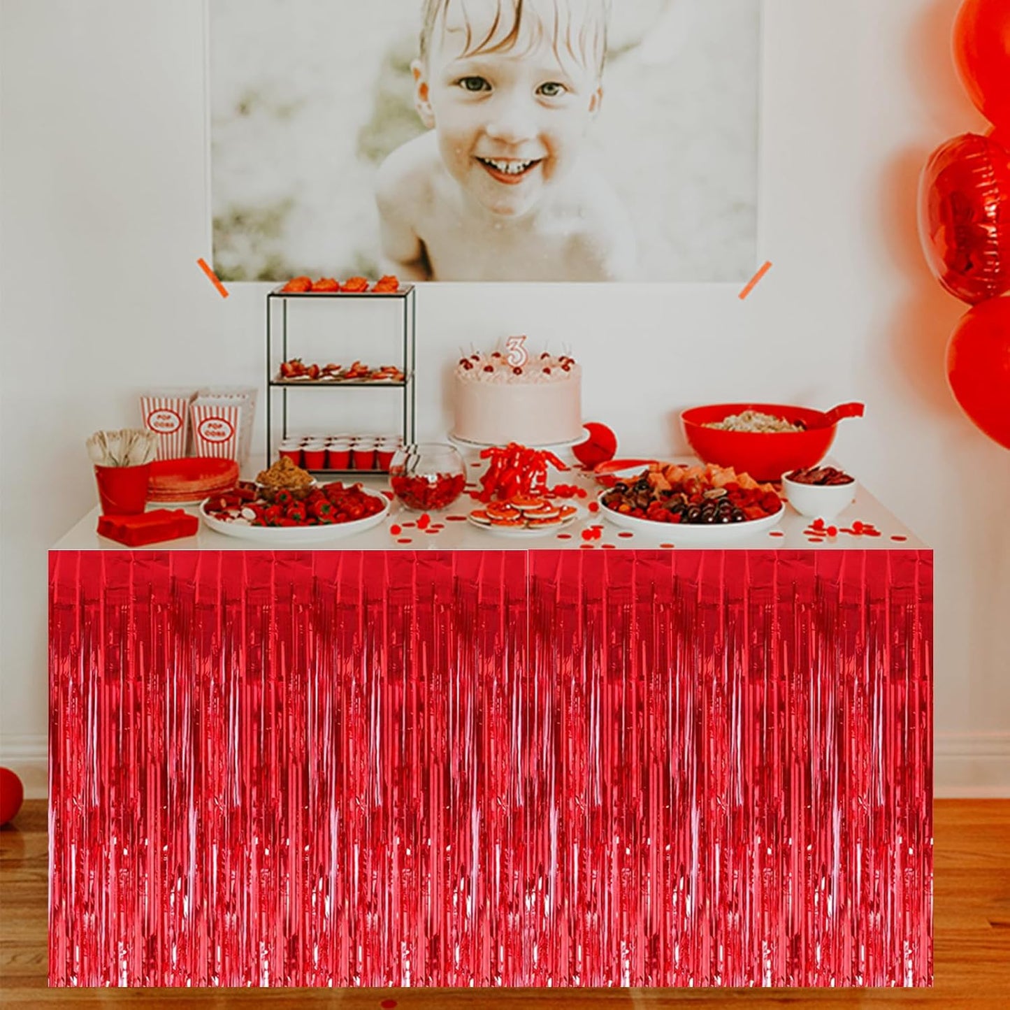 BEISHIDA 2 Pack Red Table Skirts Party Decorations Metallic Tinsel Foil Fringe Decors for Rectangle and Round Table Birthday Valentines Chinese New Year Graduation Congrats 2025 Party