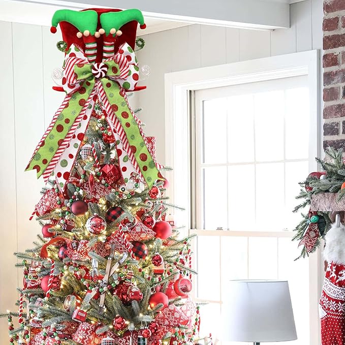 Christmas Tree Topper Hat with Bow, Velvet Top Hat Ornament with Elf Legs and Red & Green Wired Bows, Winter Holidays Xmas Decor for Home Decoration (Red)