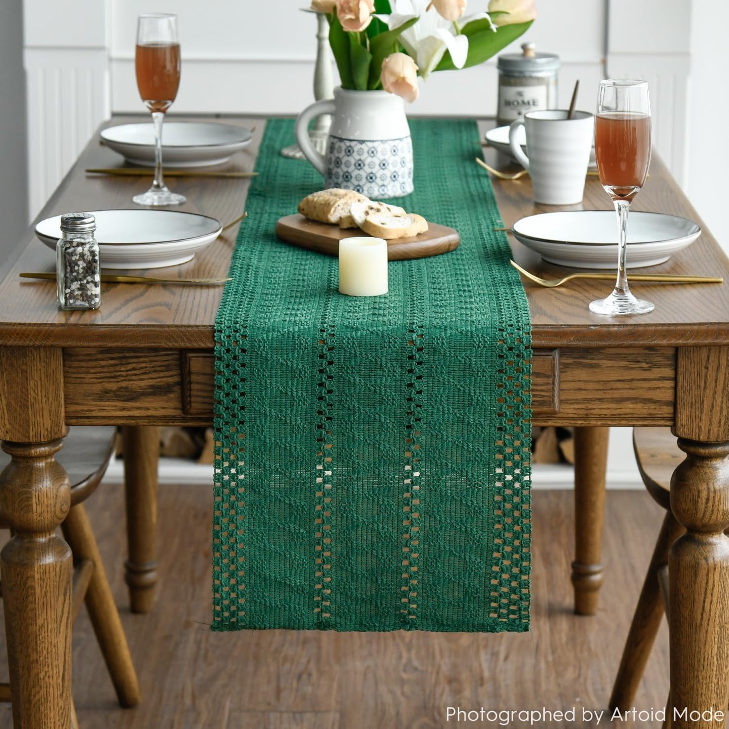 Artoid Mode Dark Green Farmhouse Woven Rustic Hollow Table Runner, Seasonal Holiday Hollow Kitchen Dining Table Decoration for Home Party Decor 12x120 Inch