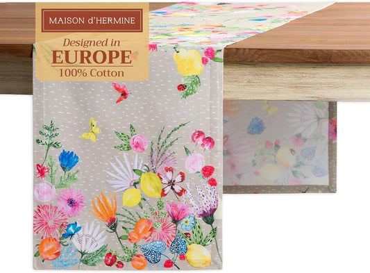 Maison d' Hermine Table Runner 100% Cotton Single Layer Table Runners 108 inches Long Decorative for Home Kitchen Dining Party Wedding Bridal Shower Spring Summer (Jardin D'Ete - Fog, 14.50" x 108")
