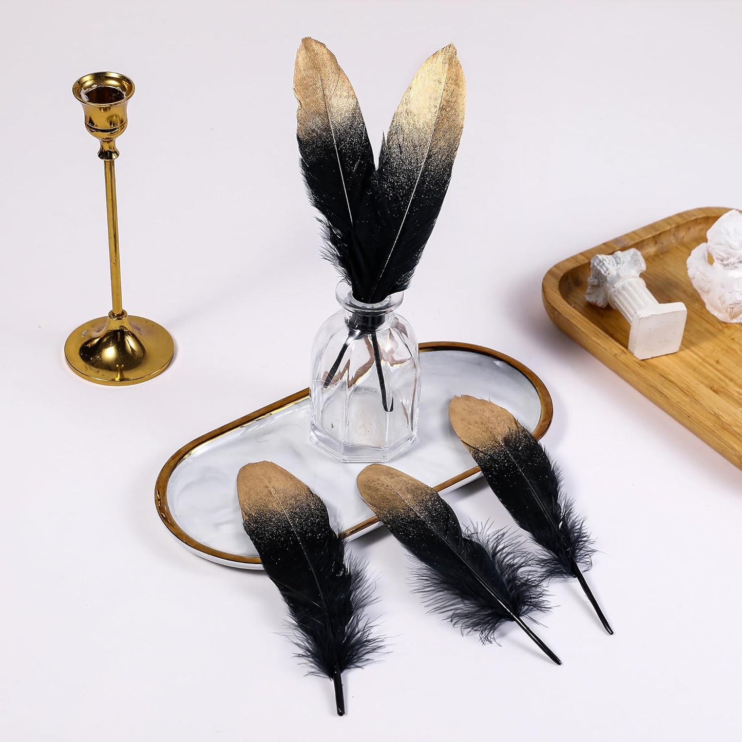 Larryhot Dipped Gold & Black Goose Feathers for Crafts - 6-8 inch 60 pcs Natural Feathers for Wedding Party Decorations,DIY Crafts and Clothing Accessories (Gold & Black)