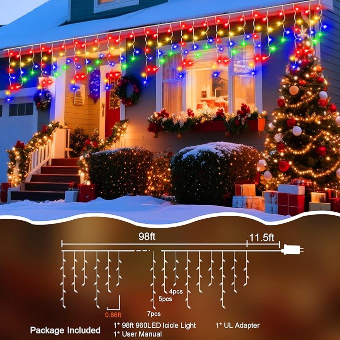 98 Ft String Lights for Outside, 960 LED Christmas Lights Outdoor Plug in, Christmas String Lights with 8 Modes & Timer for Holiday, Party, Wedding, House, Patio, Outdoor Decor(Multicolor)