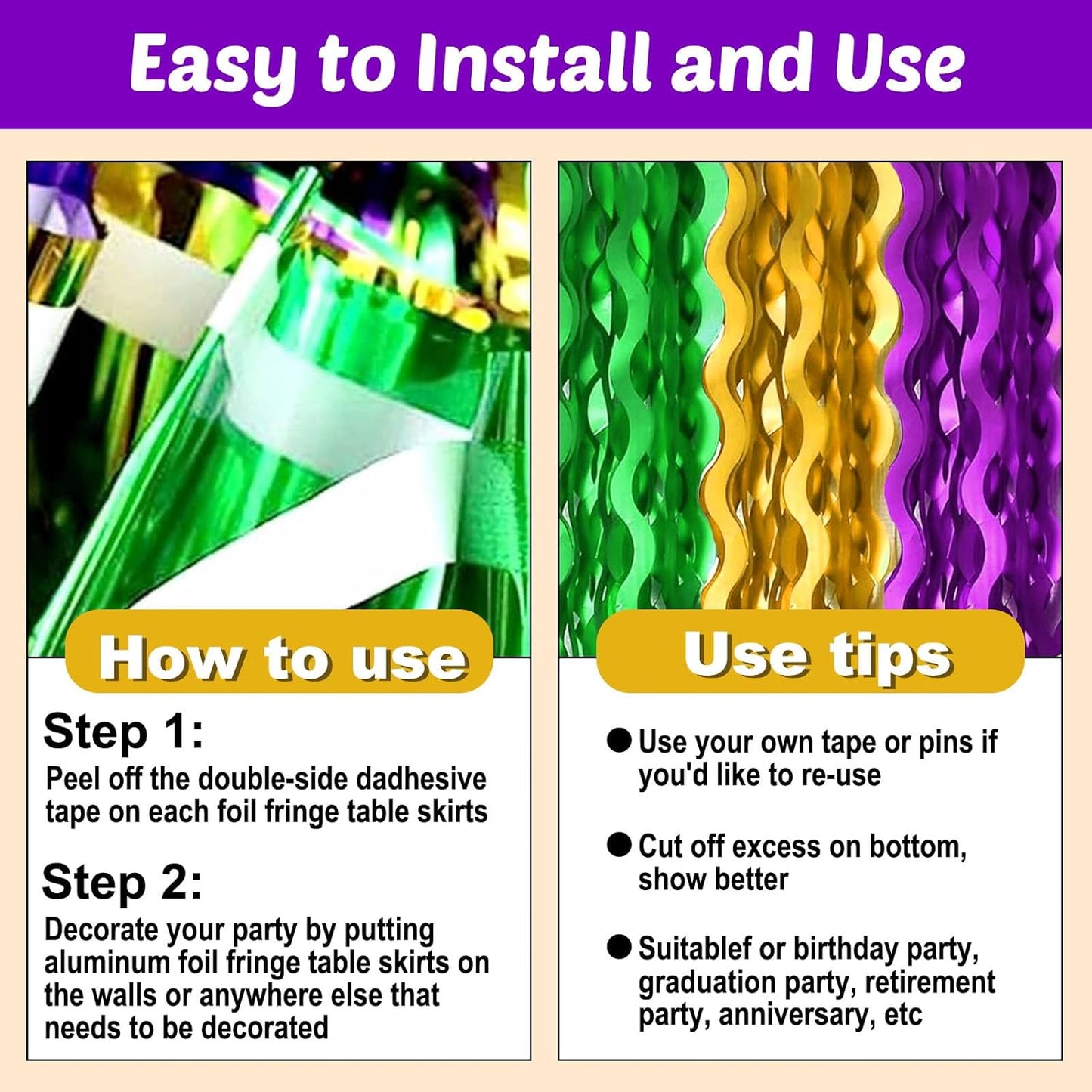 6 Pack 29x108 Inch Gold Green Purple Wave Foil Fringe Table Skirts Metallic Banner for Tinsel Streamer Garland Backdrop for Parade Floats Wedding, Mother's Day, Birthday Mardi Gras Party Decorations