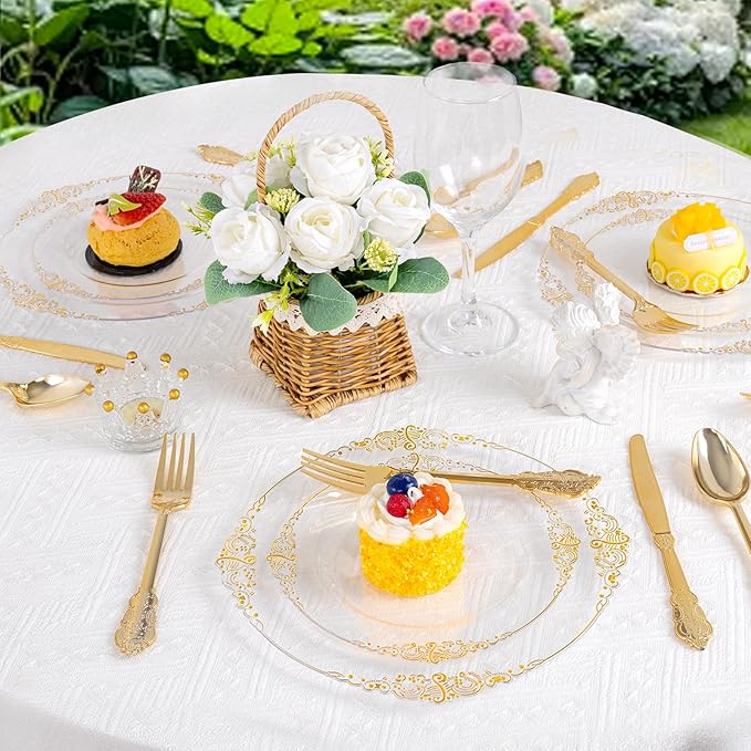 125PCS Clear Plastic Plates - Fancy Clear Gold Disposable Plates Include 25 Dinner Plates, 25 Dessert Plates, 75 Gold Plastic Silverware for 25 Guests for Wedding & Party
