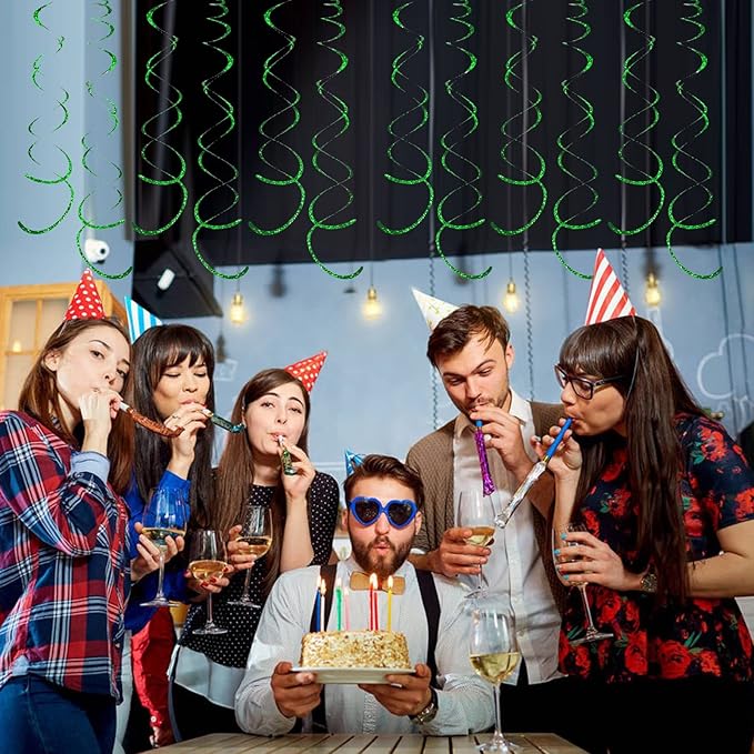 30 Pieces Green Party Swirl Decorations, Sparkle Green Hanging Swirls Whirls Shimmer Plastic Streamer for Ceiling, Party Supplies for St. Patrick's Day Tropical Hawaiian Birthday Christmas Party Decor