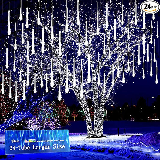 Kwaiffeo Christmas Lights Outdoor, 24 Tubes(Equivalent to 3 Sets of 8-Tubes) Meteor Shower Light Snow Falling Icicle Lights for Xmas Tree Halloween Decoration Wedding Party Window, UL Plug, White
