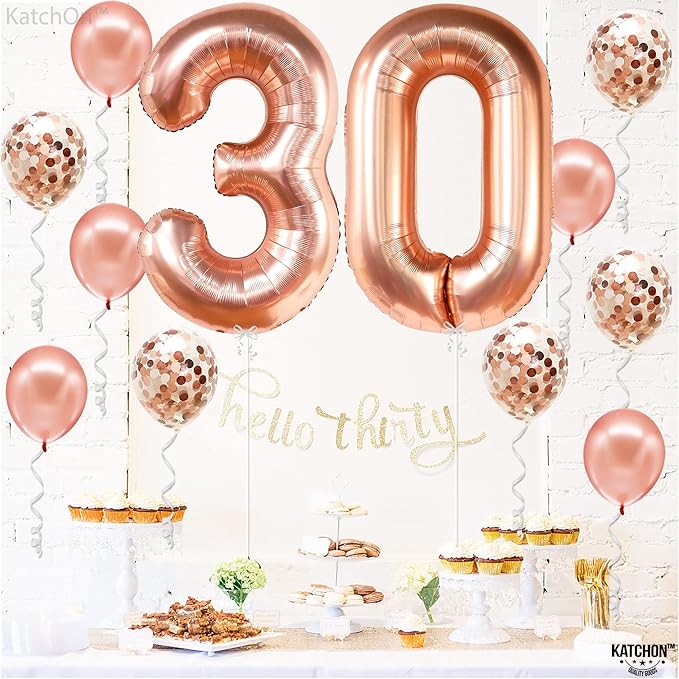 KatchOn, Rose Gold 30 Balloon Numbers - Giant, 40 Inch | Rose Gold 30 Balloons With Confetti Balloons | 30th Birthday Decorations for Women | Number Balloons for 30th Anniversary Decorations