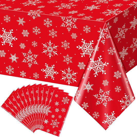 Jectivs 12 Pieces Christmas Snowflake Plastic Party Tablecloth Decorations,White Snowflake Red Xmas Backdrop Sign Table Cover Banner for Winter Christmas Holiday Party Supplies,54x108 inch (Red)