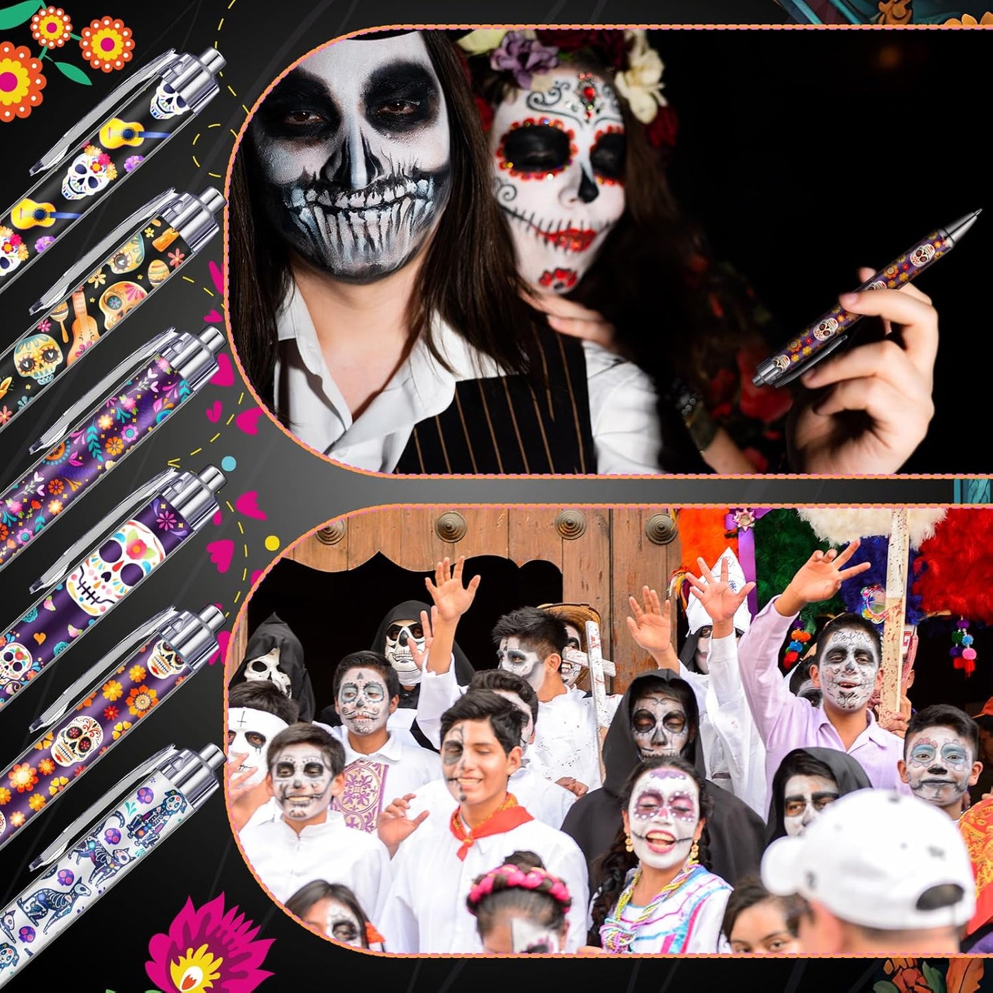 24 Pcs Day of the Dead Gifts Pens Dia De Muertos Party Favors Skull Ballpoint Pen Halloween Party Decoration Dia De Muertos Gifts for College Office Business Men Women Retired Supply