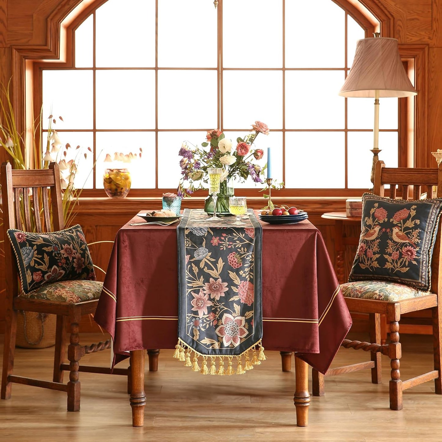 patdrea Designer Vintage Black Floral Extra Long Velvet Table Runner 118 Inch Long,Pink Khaki Bouquets Pattern Table Mat,Decor for Kitchen Dining Coffee Table Cabinet Banquet Thanksgiving,12"*118"