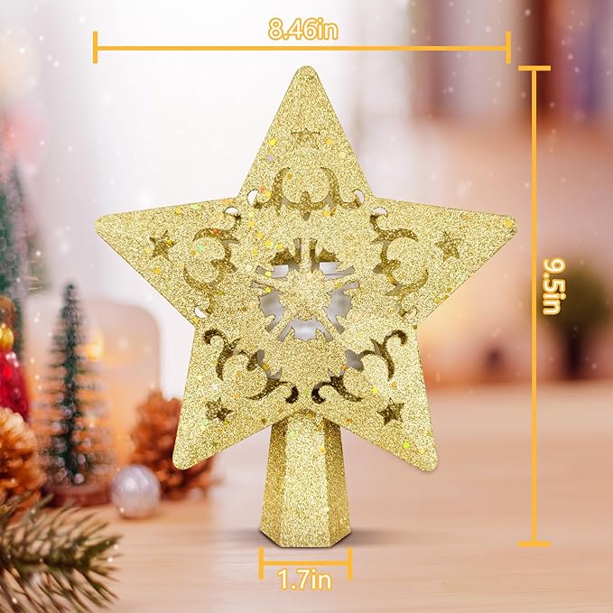 Christmas Star Tree Topper with Rotating LED Projector Lights, 3D Gold Glitter 5-Point Star, Plug-in Tree Top Ornament for Indoor Christmas Tree Decorations Holiday Decor
