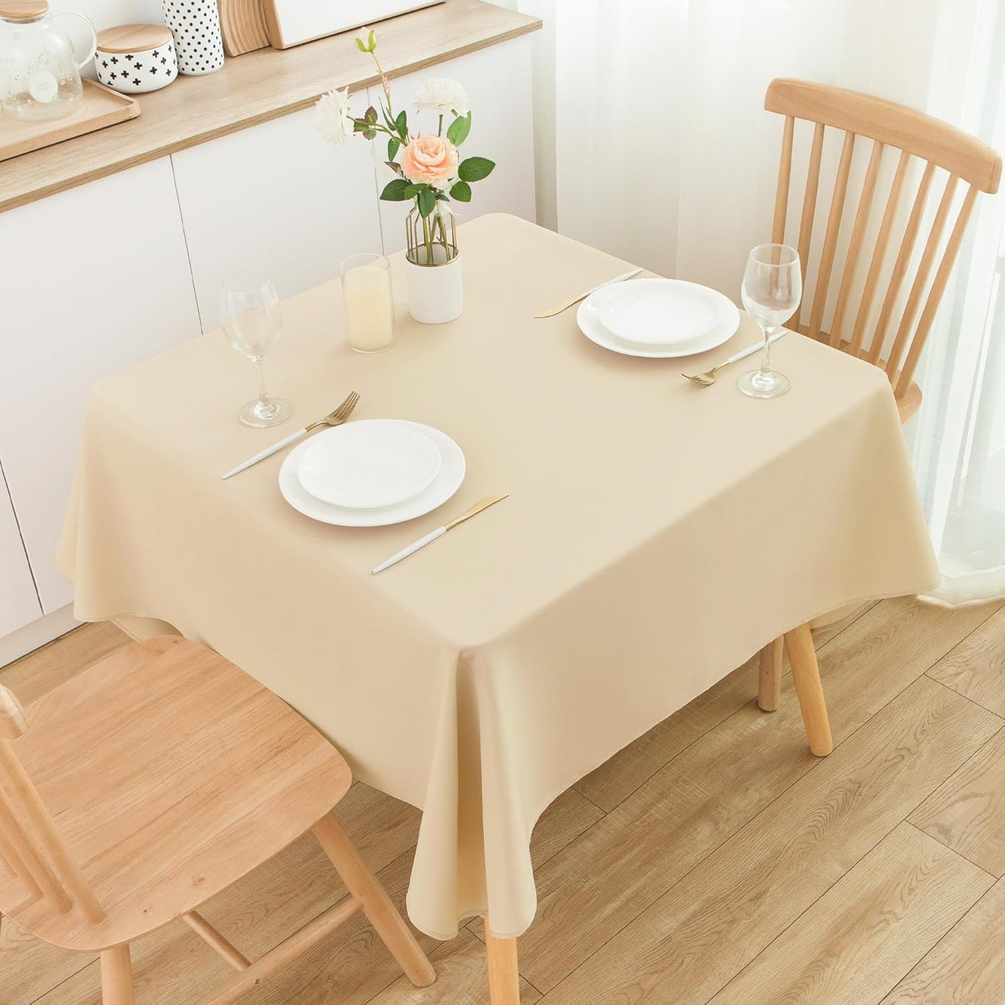 2 Pack Square Table Cloth 52X52 Inch Beige Washable Fabric Tablecloth Polyester Solid Dining Table Cover for Birthday Party Dinner Holiday Outdoor Indoor
