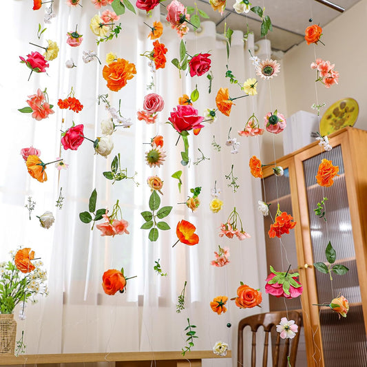 XunYee 6 Pcs 35.4 ft Flower Garlands Hanging Wildflower Backdrop Decoration Artificial Floral Garlands Fake Flower Vines Faux Silk Wildflower Decor for Halloween Fall Wedding Garden Wall Arch(Rose)