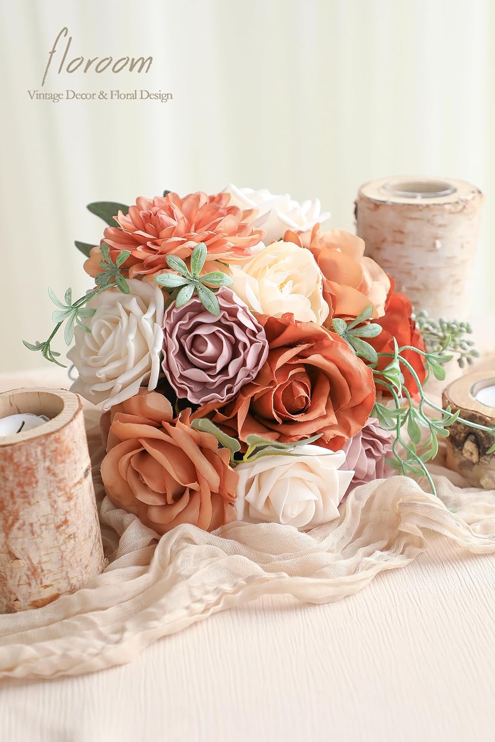 Floroom Terracotta Artificial Flowers Burnt Orange Fake Roses Peonies Dahlia Greenery Combo Box Set for DIY Wedding Bouquets Bridal Shower Centerpieces Floral Arrangements Party Tables Home Decoration