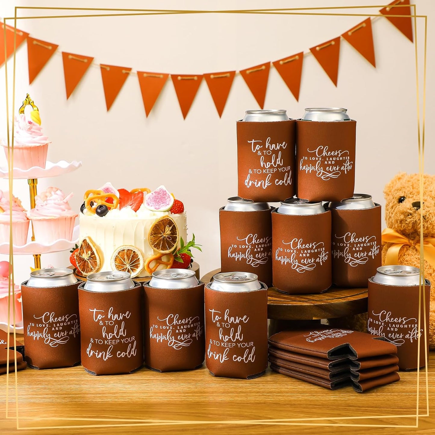 50 Pieces Chocolate Wedding Can Cooler Sleeves Bulk Engagement Party Favors for Guests Cheers to Love Laughter and Happily Ever After Rehearsal Dinner Decorations for Wedding Bridal